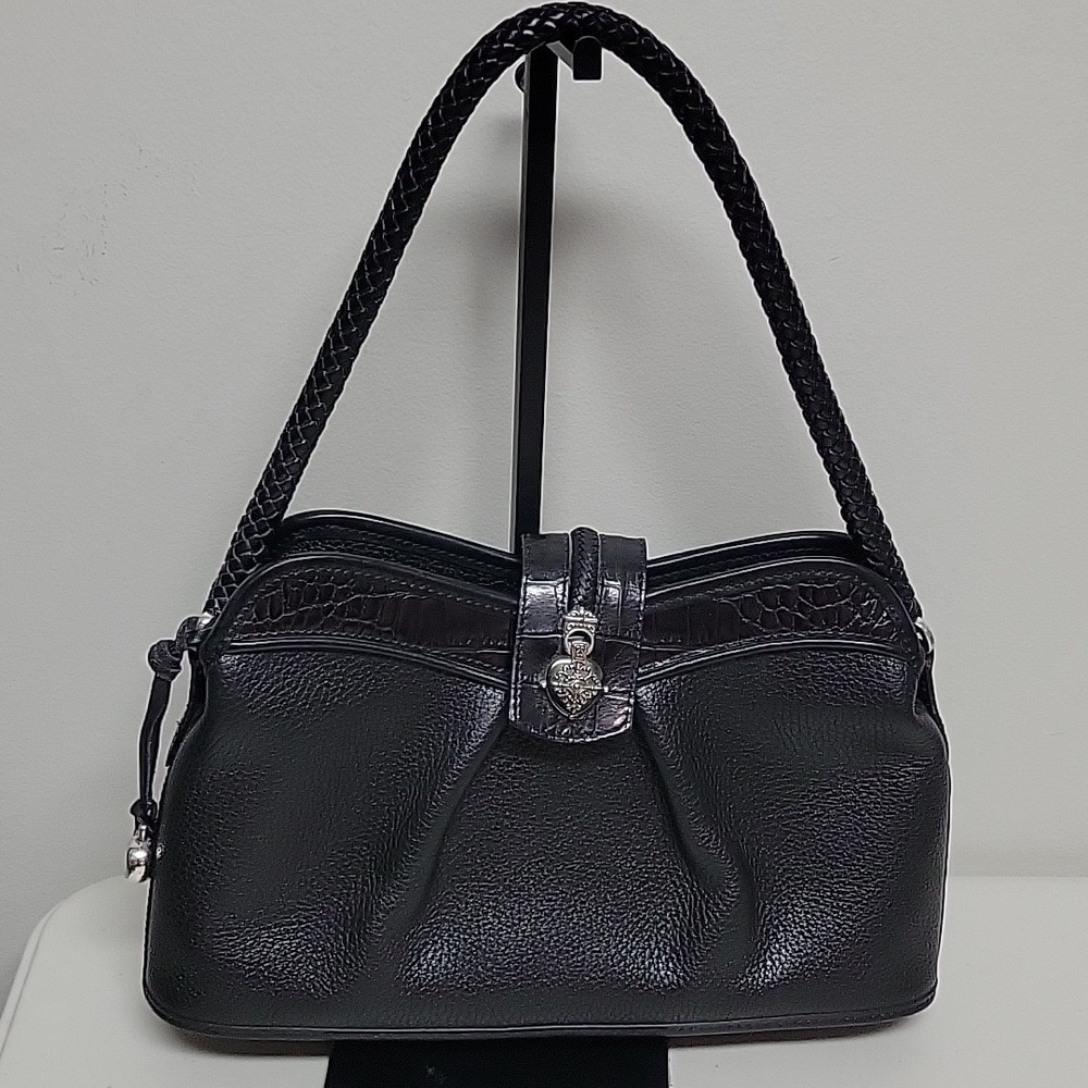 Brighton Vintage Leather Shoulder Bag Black Braided Handle Croc Embossed On Top.